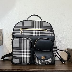Black and Gray Lux Checkered Womens Backpack Leatherette Purse 6 Pockets